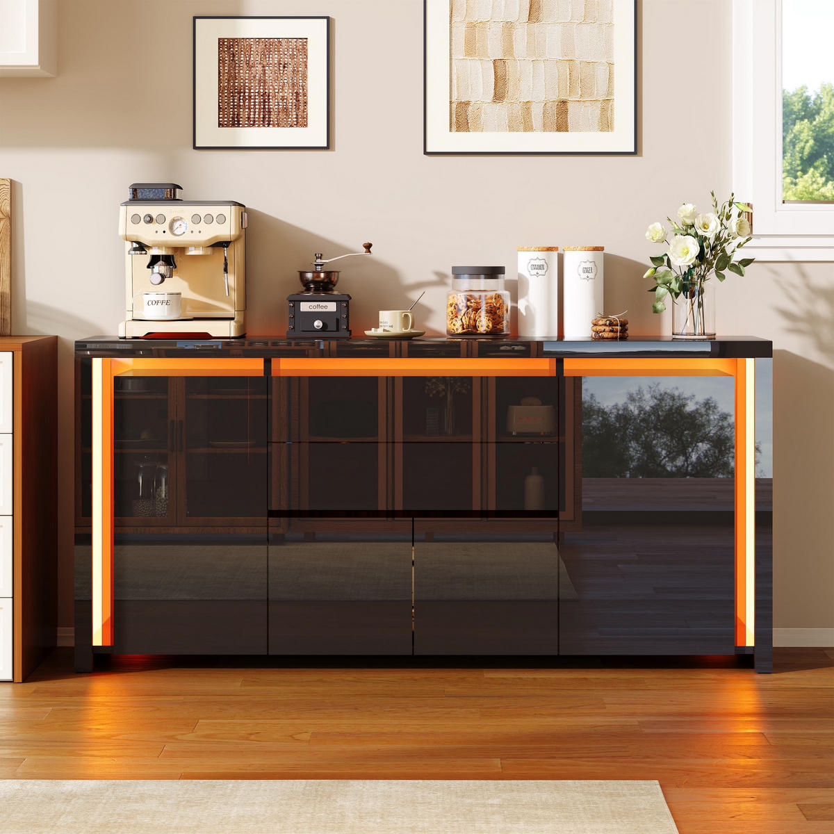 SIDEBOARD 160 cm Hochglanz mit LED, 4 Türen und 2 Schubladen, Küchenschrank mit Stauraum, Schwarz - Schwarz, Holzwerkstoff (160/35/75cm) - Waldena