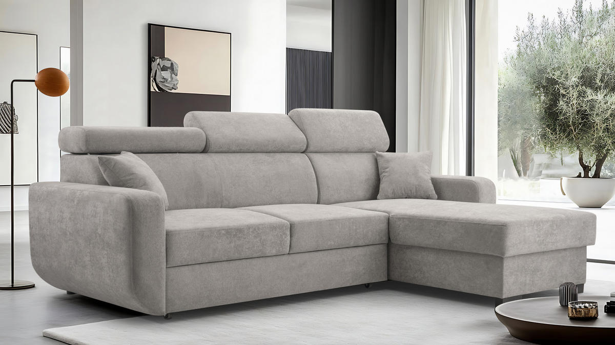 ECKSOFA CASTELLO Grau Plüsch-Stoff mit Schlaffunktion - Grau, Holz (236/165cm) - MASSENO