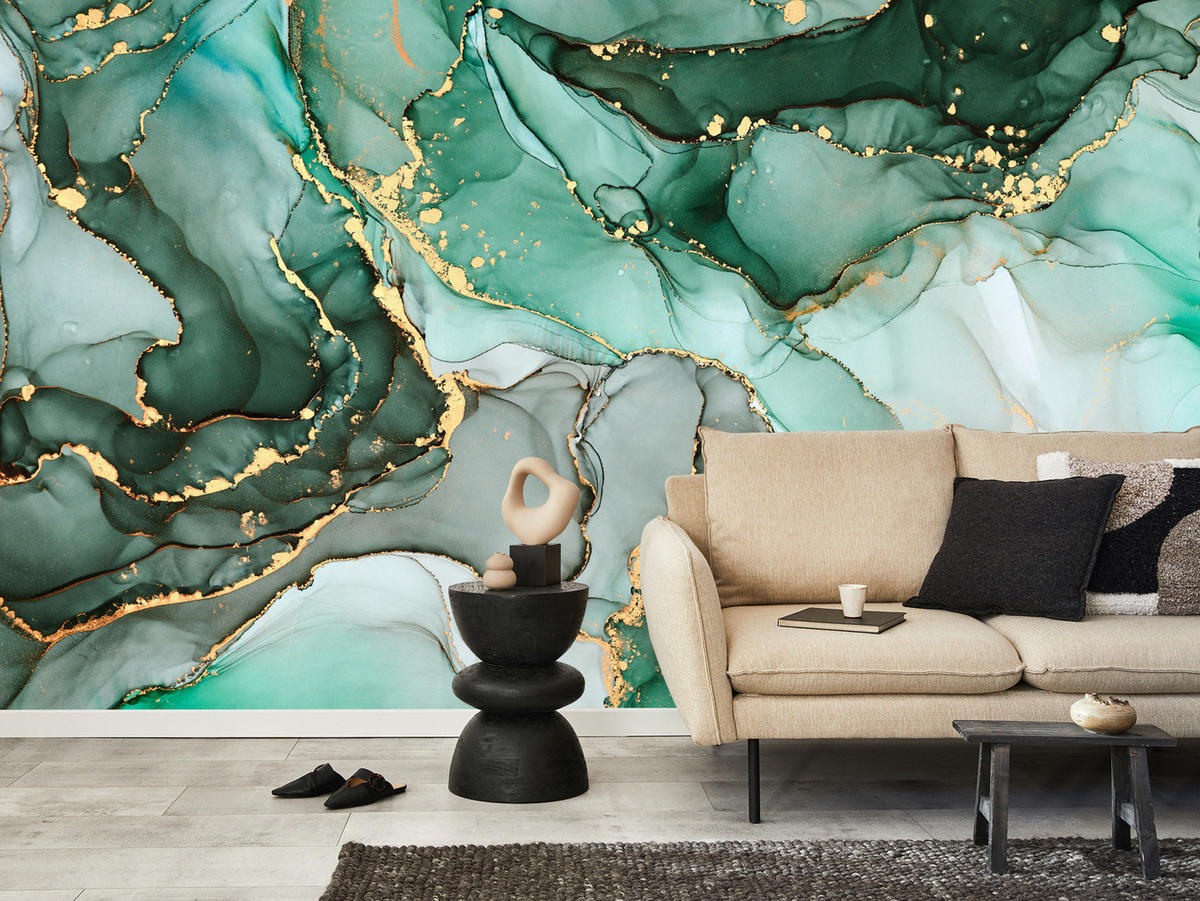 FOTOTAPETE Grüne Abstraktion Marmor Muster 400x280 - Beige/Grau, Papier (400/280cm) - Muralo