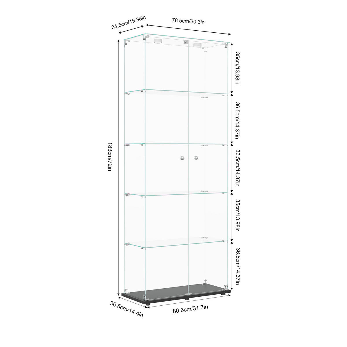 GLASVITRINE mit 5 Einlegeböden, berührungsgesteuerter LED-Beleuchtung, Doppeltür mit Sicherheitsschloss in schwarz - Schwarz, Glas (36.5/183/80.6cm) - BRILVERDE