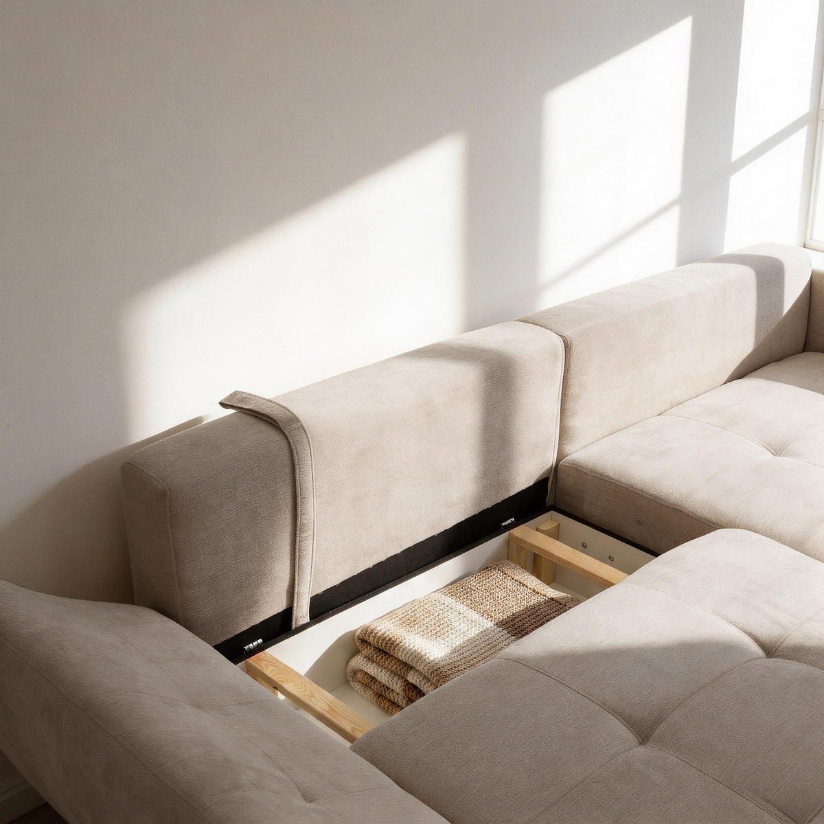 ECKSOFA NICE L Rechts mit Schlaffunktion 137x204 Chenille Beige - Beige/Schwarz, Holz/Textil (165/260cm) - Muffo