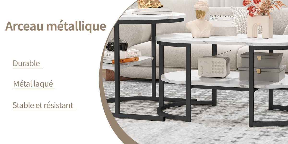 COUCHTISCH oval rund marmoroptik weiß schwarzgestell verschiebbar - Multicolor, Metall (80/46/41cm) - SHOPENTRA