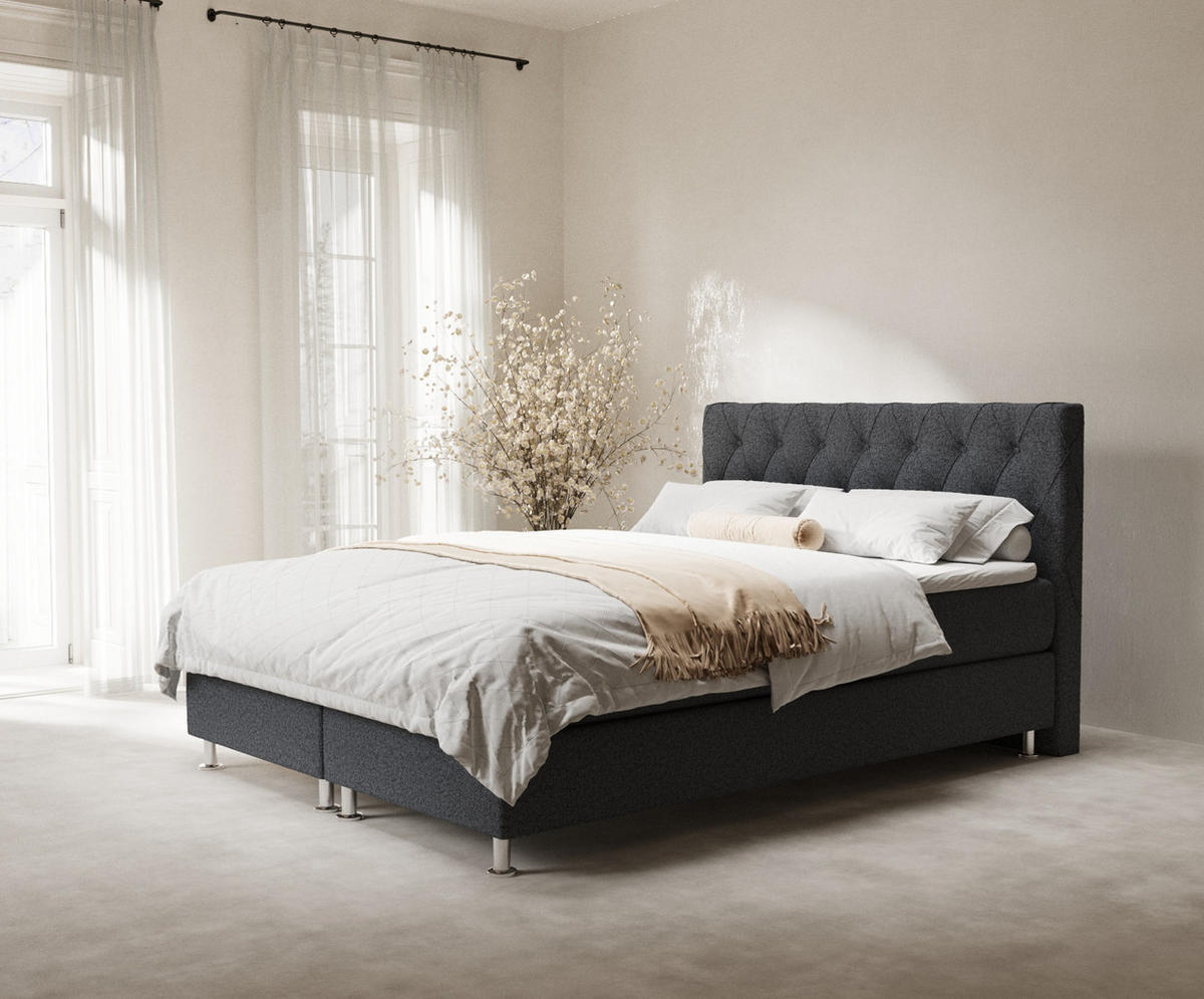 BOXSPRINGBETT Otus Schwarz 200/200 cm mit Latex-Topper - Silberfarben/Schwarz, Holz/Holzwerkstoff (200/200cm) - Maison de Reve