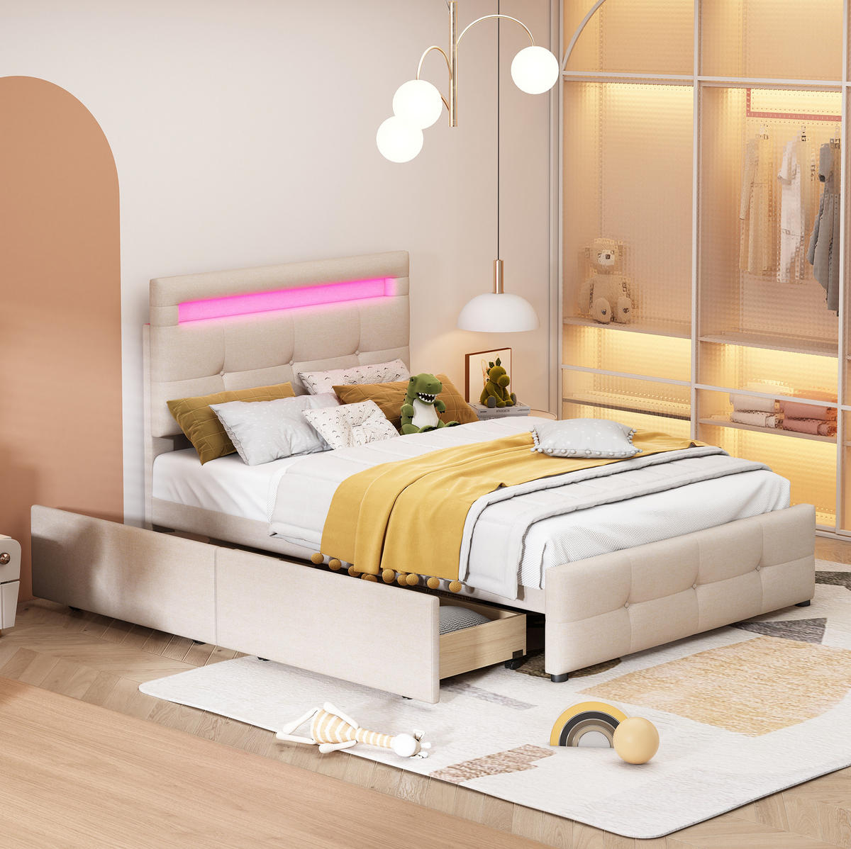 POLSTERBETT 90/200 cm Beige mit LED-Beleuchtung und 2 Schubladen - Beige, Holzwerkstoff (90/200cm) - Flora Grace