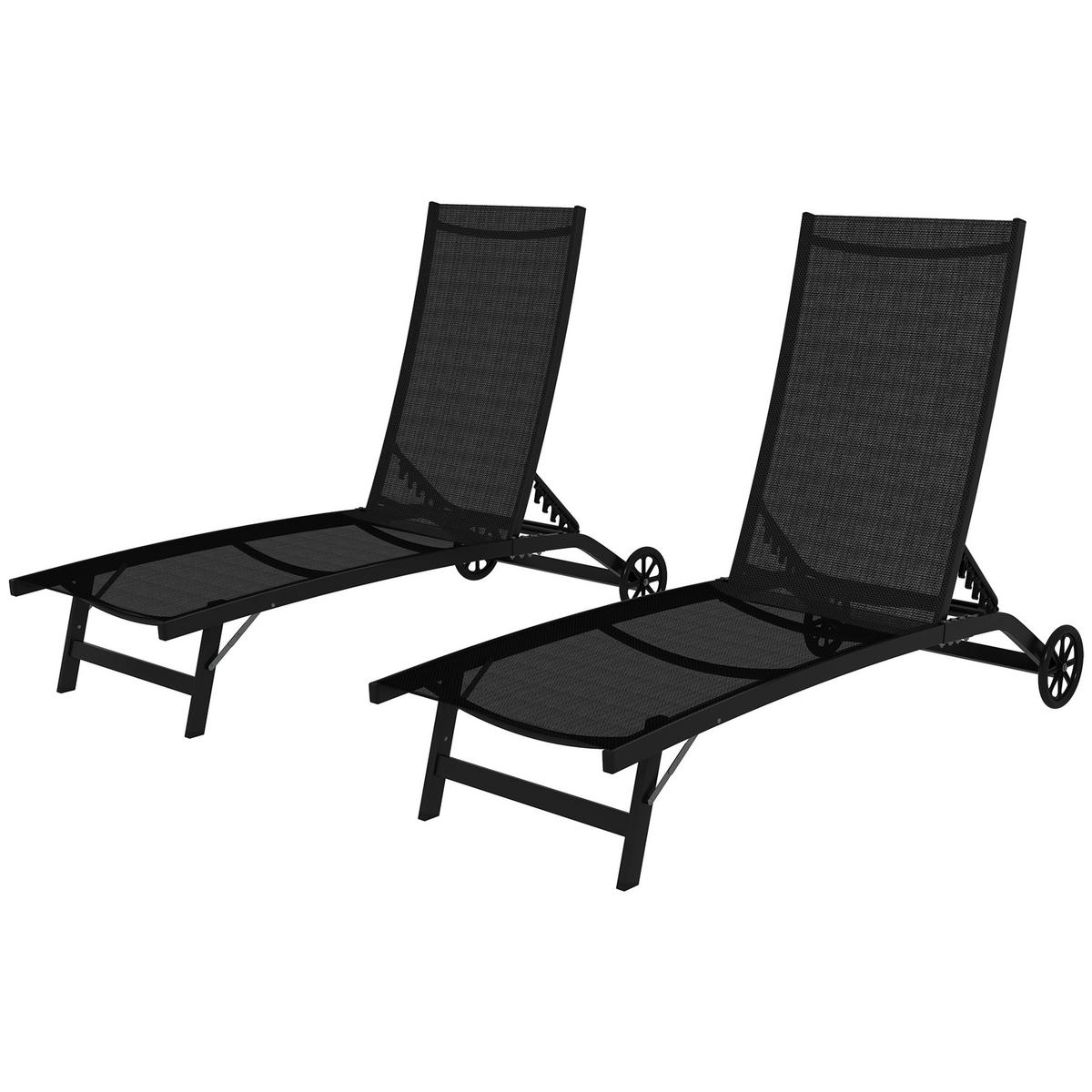 SONNENLIEGE 2er-Set DE-15618 mit Rollen, 5-fach verstellbar Schwarz - Schwarz, Metall (165/102/66cm) - ComfortXL