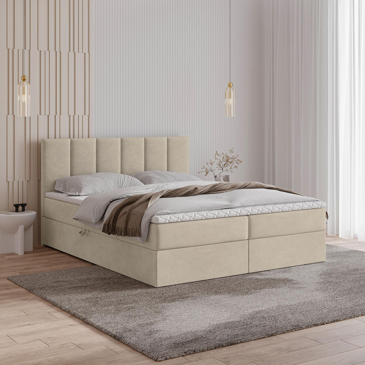 POSTEL BOXSPRING MERIL 160x200 cm, s matrací a úložným prostorem, béžová - béžová, kompozitní dřevo/textil (160/200cm) - MASSENO