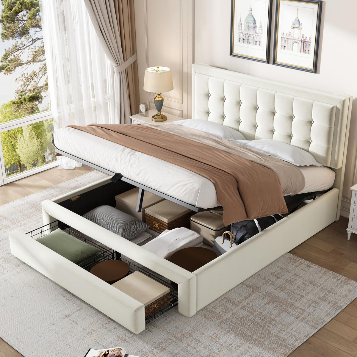 SAMT-POLSTERBETT 140/200 cm mit Stauraum und verstellbarem Kopfteil - Beige, Textil (140/200cm) - BEAOK