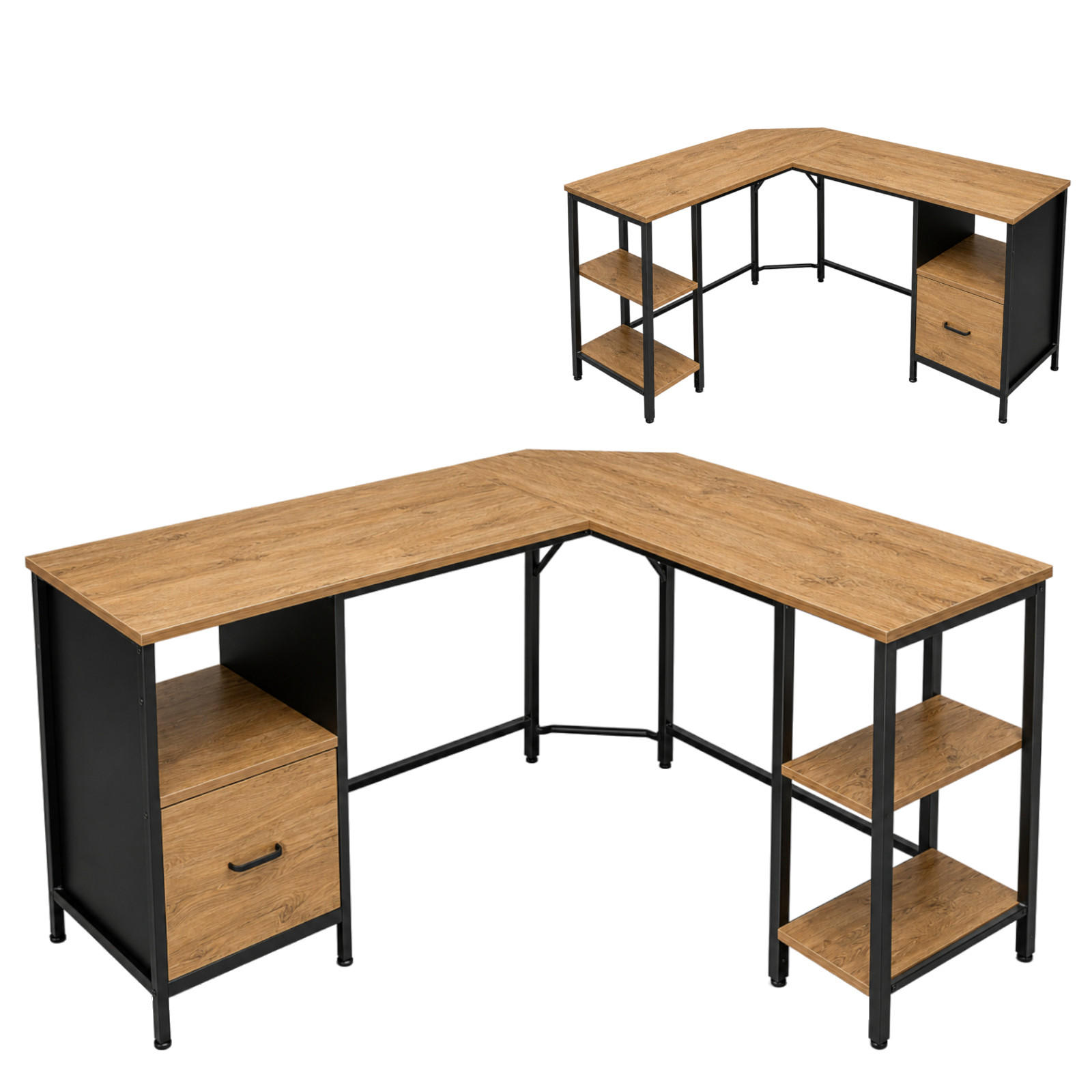 ECKSCHREIBTISCH MDF Metall Erle Dunkelbraun mit Schublade und Regalfächern 149x149x74.5 cm - Erlefarben, Holzwerkstoff/Metall (149/149/75cm) - Begryf