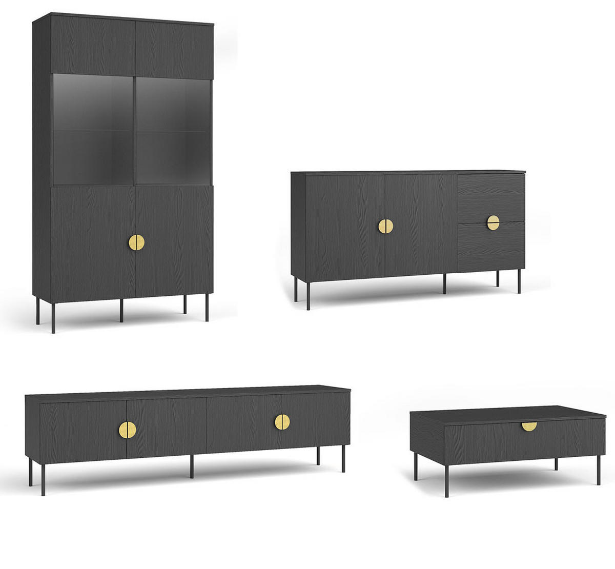 WOHNZIMMER SET 4-TEILIG Mond anthrazit 565 / 66 / 187cm - Anthrazit, Holzwerkstoff/Metall (565/187/66cm) - Feldmann-Wohnen