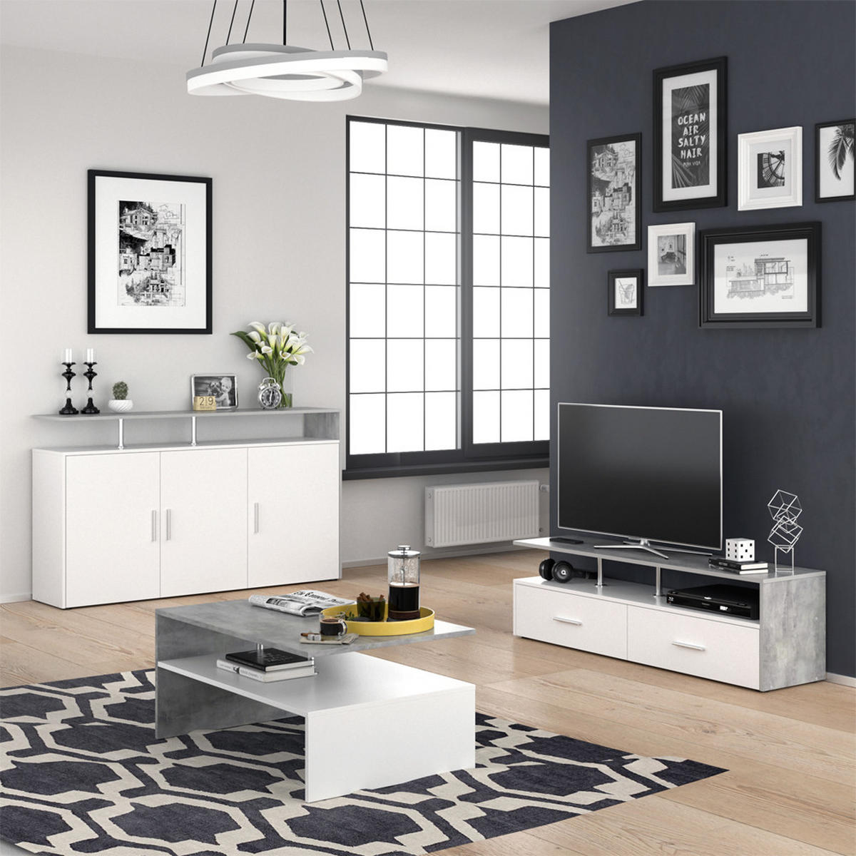 KOMMODE Amato Beton/Weiß 160 x 91.6 cm - Weiß/Grau, Holzwerkstoff (35/91.6/160cm) - Vicco