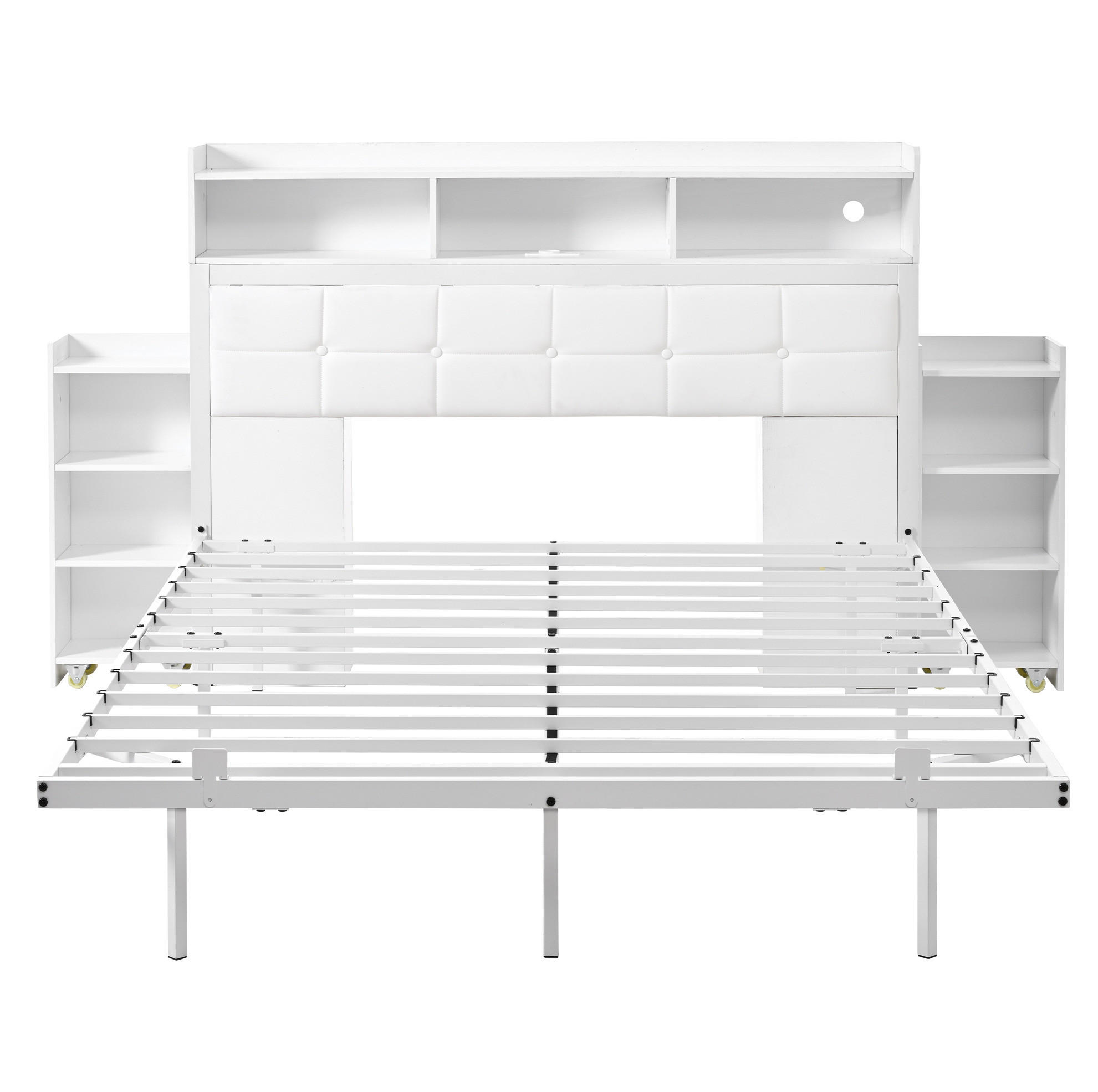 POLSTERBETT aus Metall 140x190 cm Weiß mit LED, USB-/USB-C-Ladestation und 2 ausziehbaren Nachttischen - Weiß, Metall (140/190cm) - Modfu