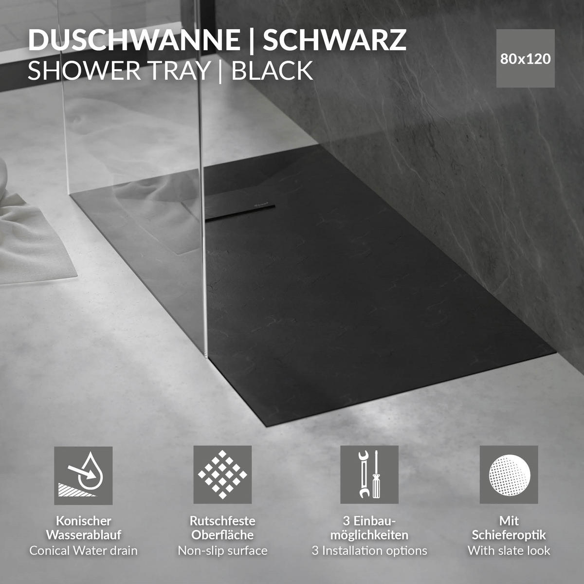 SPRCHOVÁ VANUŠKA 120x80 cm černá s odtokovou sadou z SMC - černá, plast (80/3/120cm) - LuxeBath