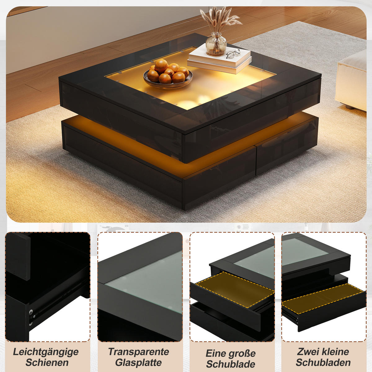 COUCHTISCH DE-37117 quadratisch mit Glasplatte, LED und 3 Schubladen Schwarz - Schwarz, Holzwerkstoff (70/70/35cm) - ComfortXL