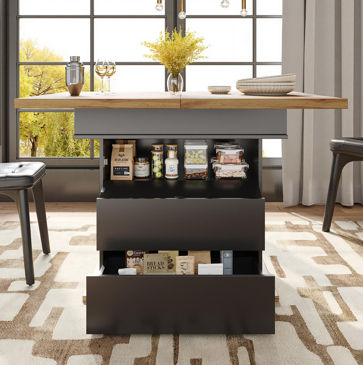 ESSTISCH Ausziehbarer aus MDF mit Stauraum, 110-140/80/75 cm, Schwarz - Schwarz, Holzwerkstoff (110/80/75cm) - Redom