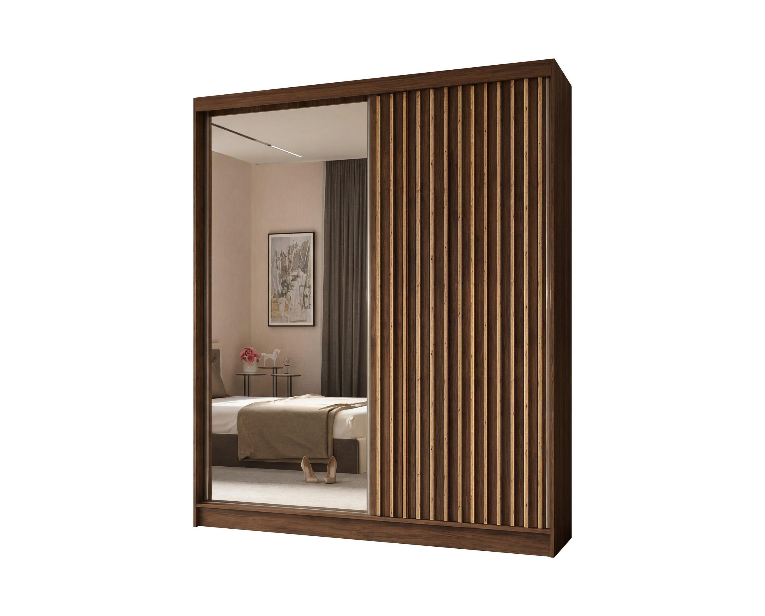 SCHWEBETÜRENSCHRANK LAMELLO 200/216/61 cm Modern Kleiderschrank 2-türig mit Spiegel Nussbaumfarben - Nussbaumfarben, Holzwerkstoff (200/216/61cm) - MASSENO