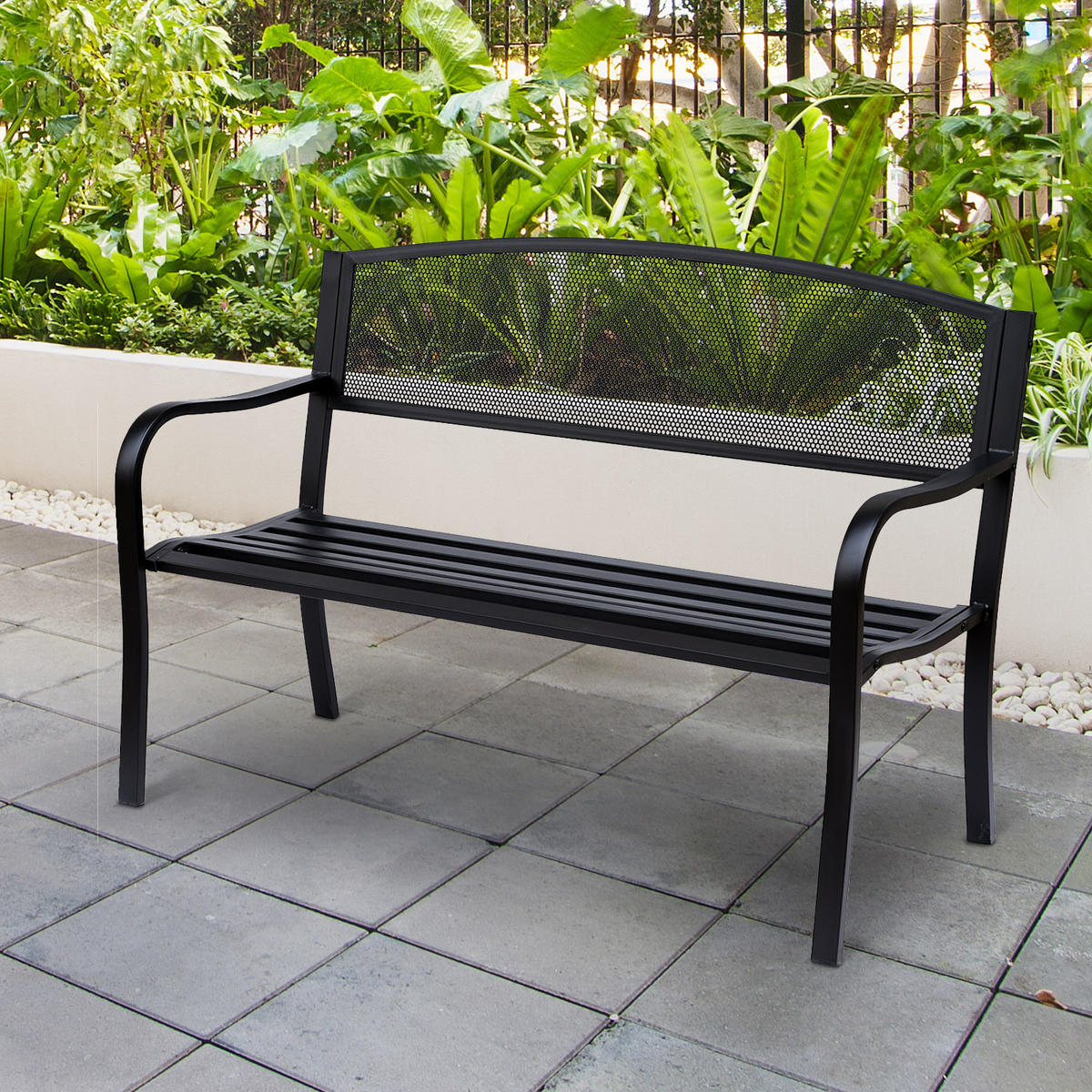 GARTENBANK DE-17746 3-Sitzer mit ergonomischer Rückenlehne Schwarz - Schwarz, Metall (127/87/60cm) - ComfortXL