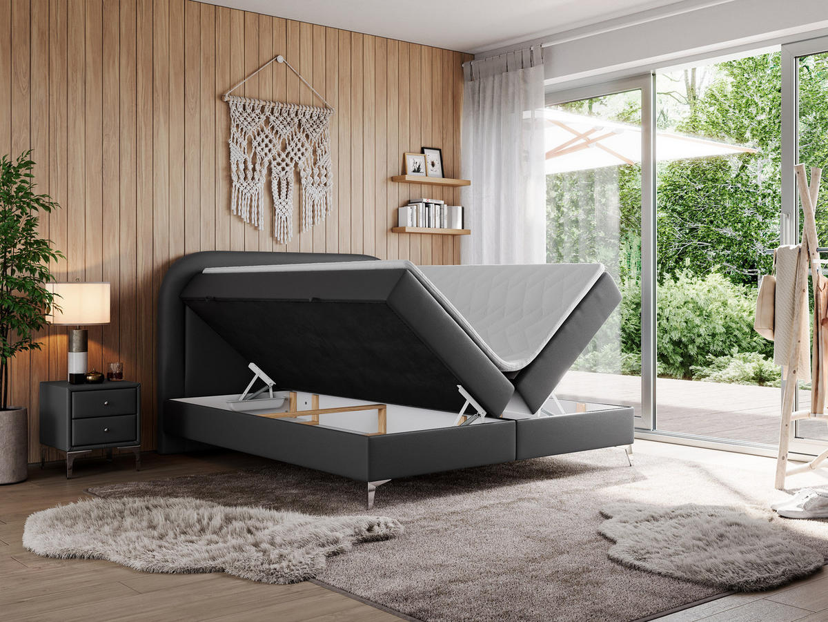 BOXBETT EIRA 200/200 Dunkelgrau Kunstleder - H4 - Dunkelgrau/Silberfarben, Holz/Textil (200/200cm) - MKS