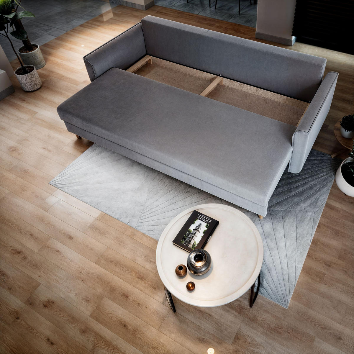 BETTSOFA NAPOL Grau Plüsch-Stoff mit Schlaffunktion - Grau, Textil (220/93/87cm) - MASSENO