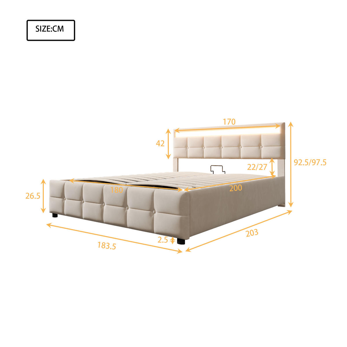 POLSTERBETT 180/200 cm in Beige Samt mit Bettkasten und LED - Beige, Holzwerkstoff/Textil (180/200cm) - WISHDOR