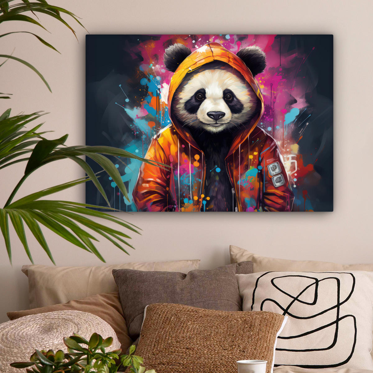 LEINWANDBILD Panda - Jacke - Graffiti - Orange Wandbilder 80x60 cm - Orange, Textil (80/60cm) - MuchoWow