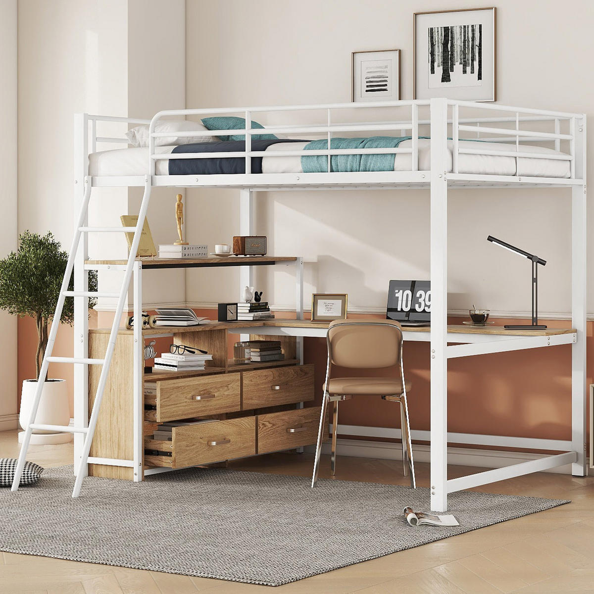HOCHBETT 140/200 cm mit L-förmigem Schreibtisch, 4 Schubladen und MDF-/Metallgestell, Weiß - Weiß, Holzwerkstoff (140/200cm) - Redom