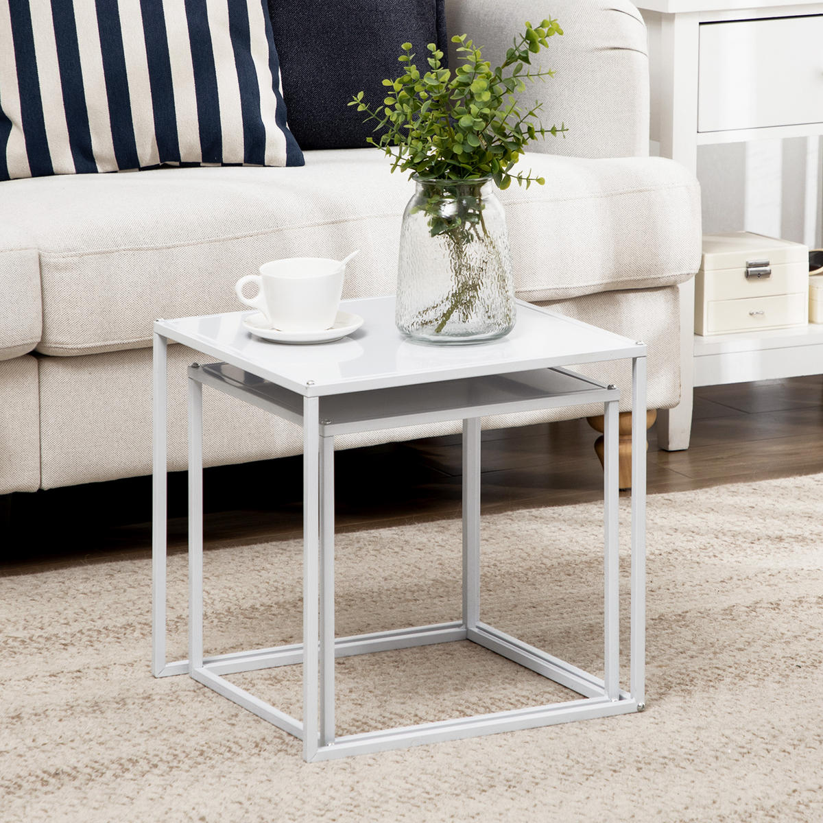 2ER-SET Couchtisch, Eckiger Beistelltisch, Kaffeetisch mit Stahlgestell Weiß - Weiß, Metall (40/40/40cm) - HOMCOM