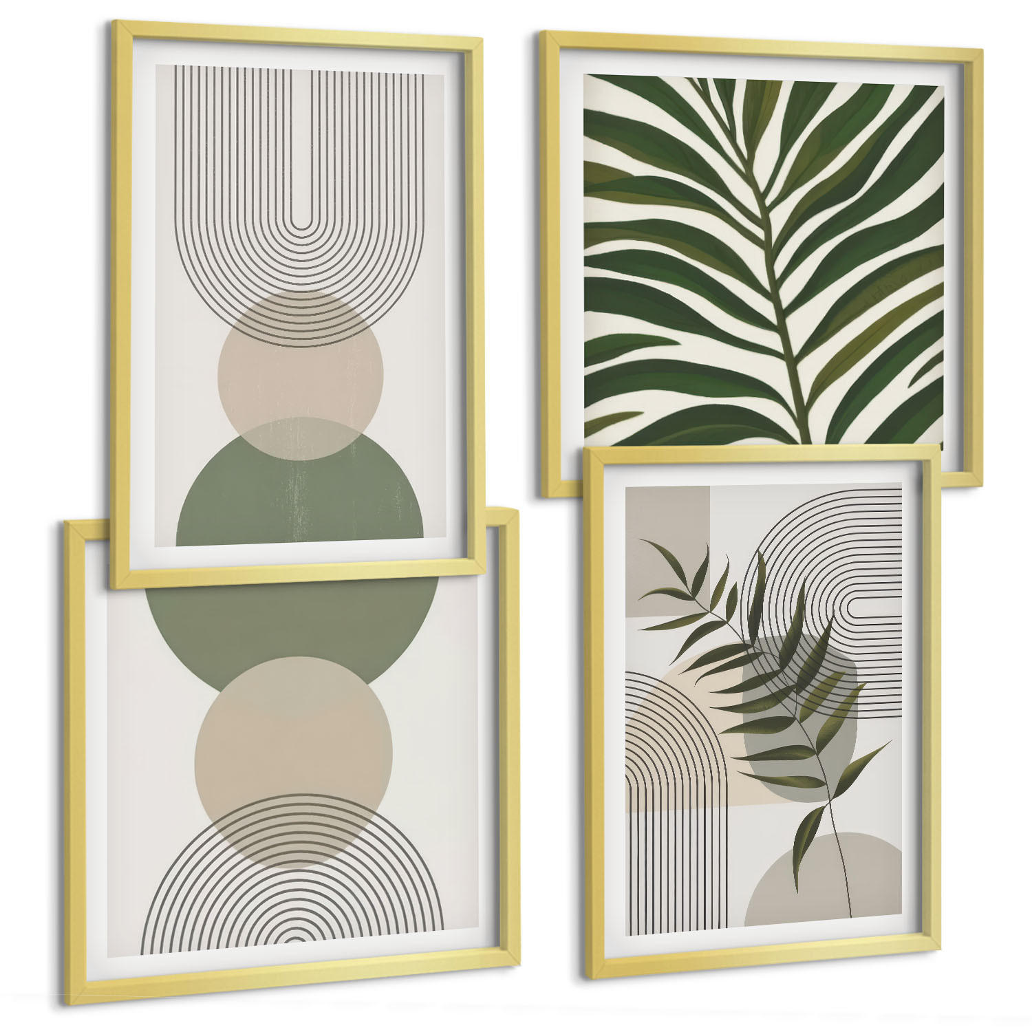 BILDER SET 4er Set - 50x50 cm & 40x60 cm Goldrahmen - Abstrakte Blätter im Boho-Stil - Goldfarben, Kunststoff (50/50cm) - TULUP