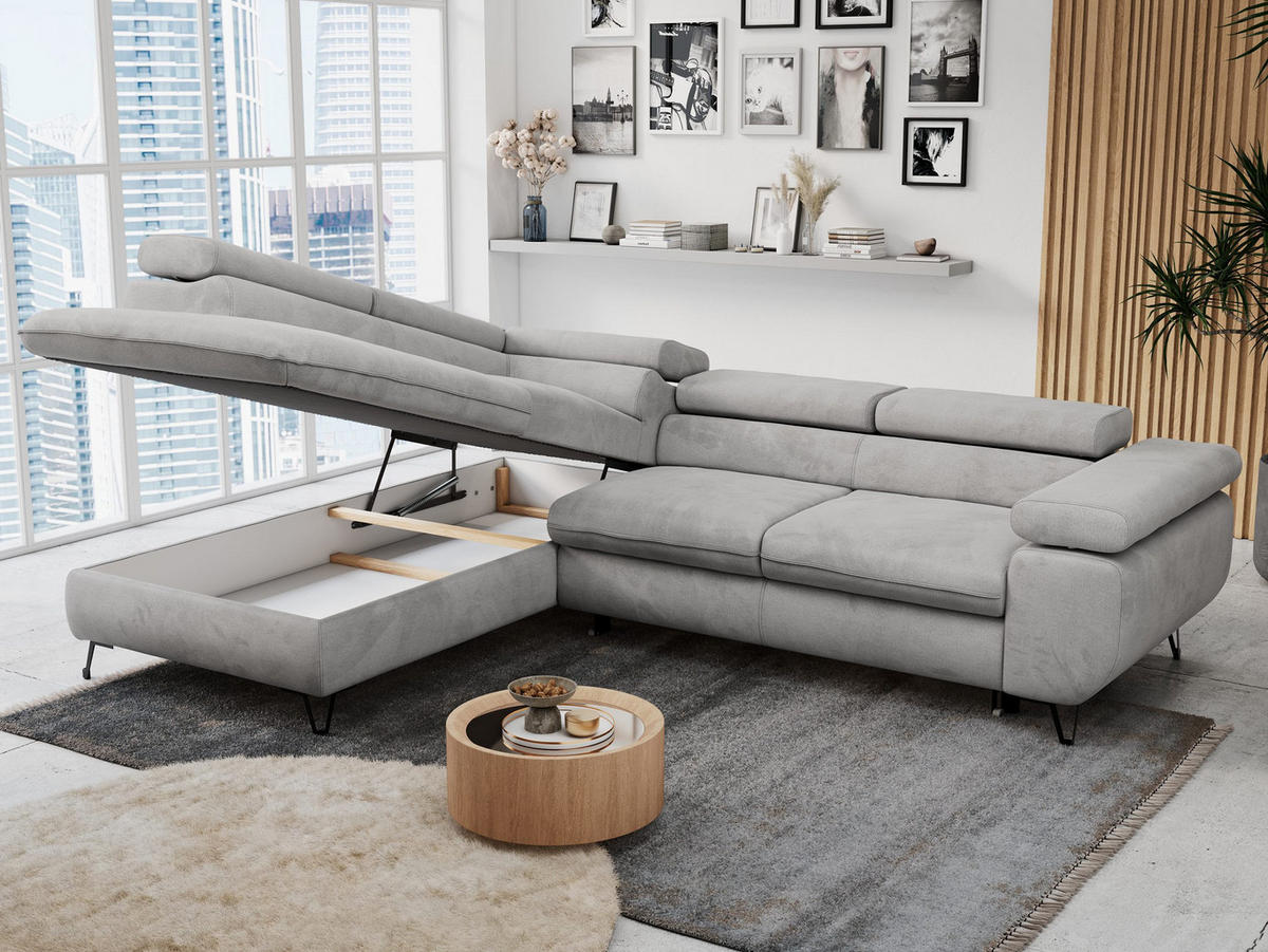 ECKSOFA PETER L Hellgrau Velvet - Links Seite - Hellgrau/Schwarz, Textil/Metall (208/273cm) - MKS
