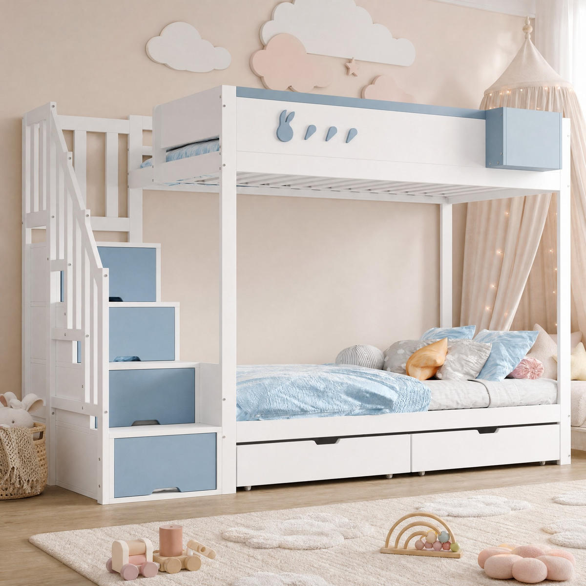 ETAGENBETT 90/200 mit Ablagefach Stauraumleiter und Schubladen in Weiß und Blau - Blau, Holz (90/200cm) - EVRYAE