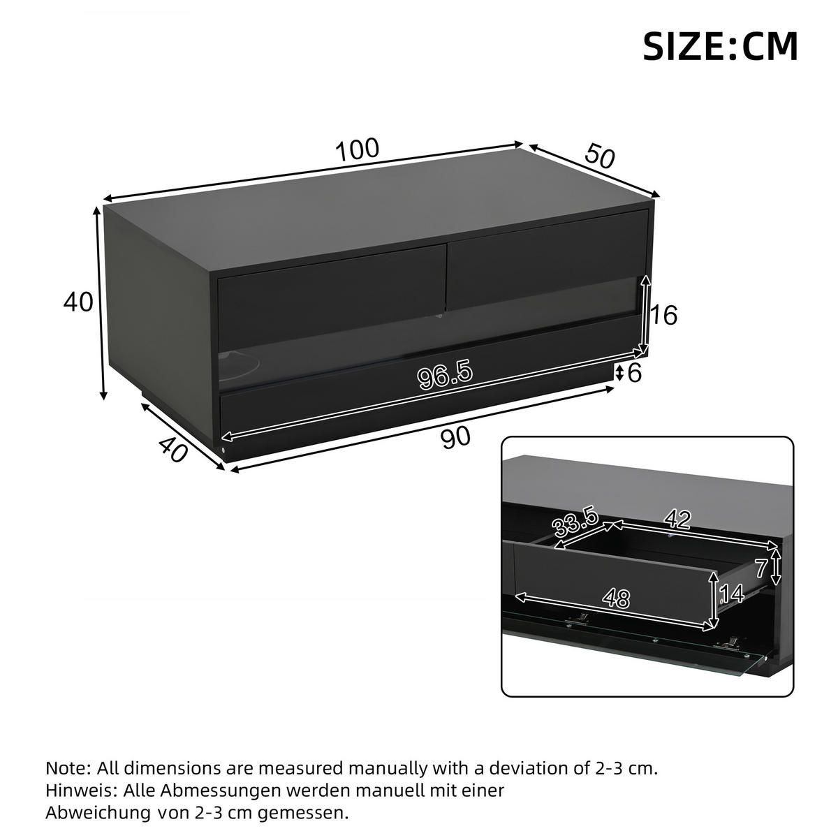 COUCHTISCH 100/50/40 cm hochglänzend mit 2 Schubladen und Bluetooth-LED-Lichtleiste - Schwarz, Holzwerkstoff (100/50/40cm) - OKWISH