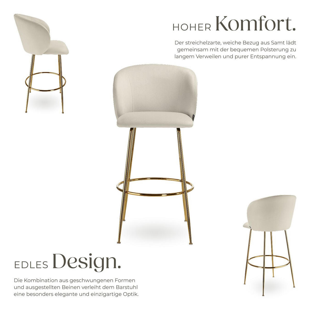 BARSTUHL Luana, 51 x 60 x 106 cm, Belastbarkeit 120 kg, creme/gold - Goldfarben/Creme, Kunststoff/Textil (51/106/60cm) - tectake