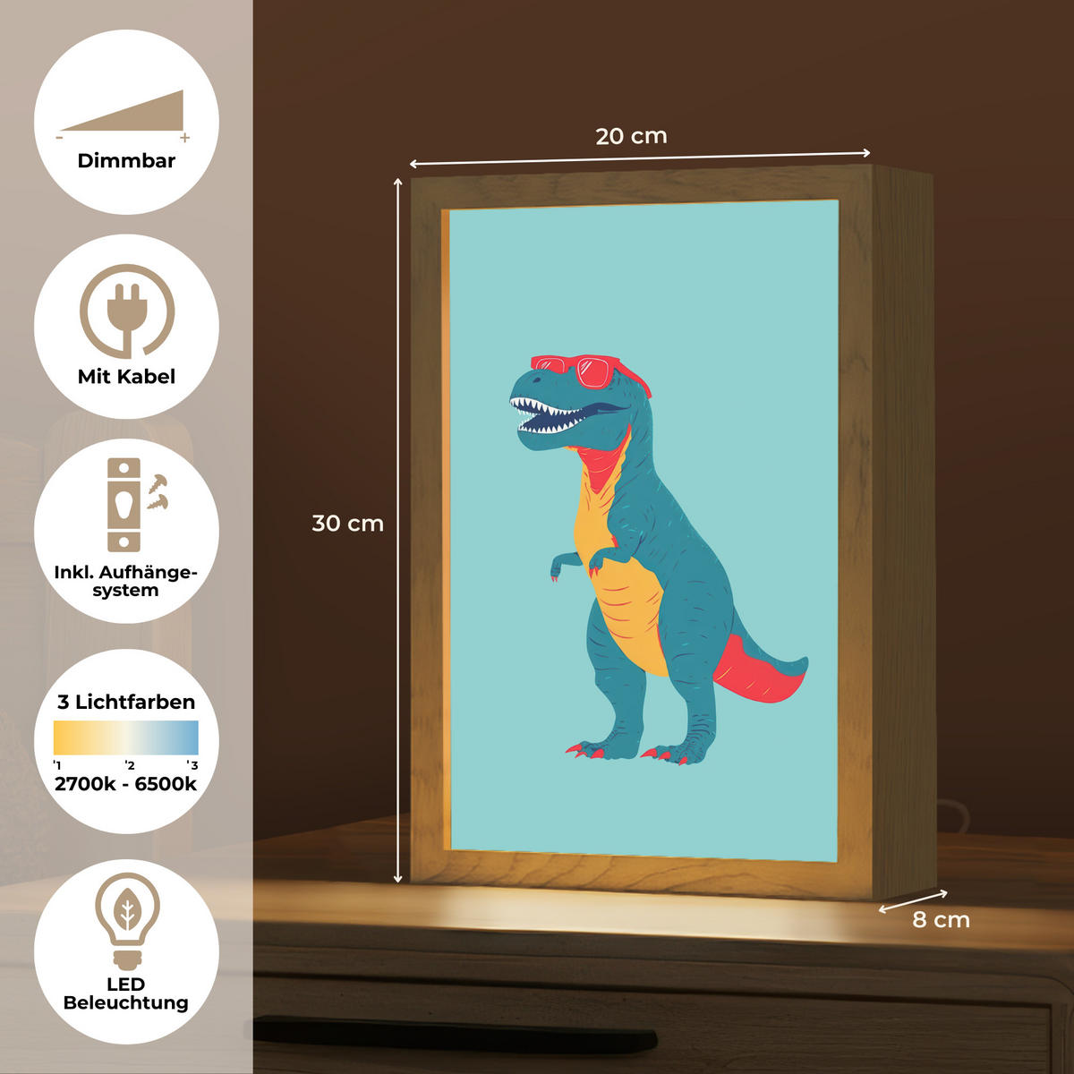 NACHTTISCHLAMPE Dinosaurier - Blau - Sonnenbrille 20x30 cm - Hellblau, Holzwerkstoff (8/20/30cm)