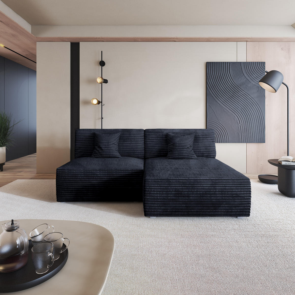 ROHOVÁ SEDAČKA FIORO černá - šedá/černá, dřevo/textil (204/148cm) - MASSENO
