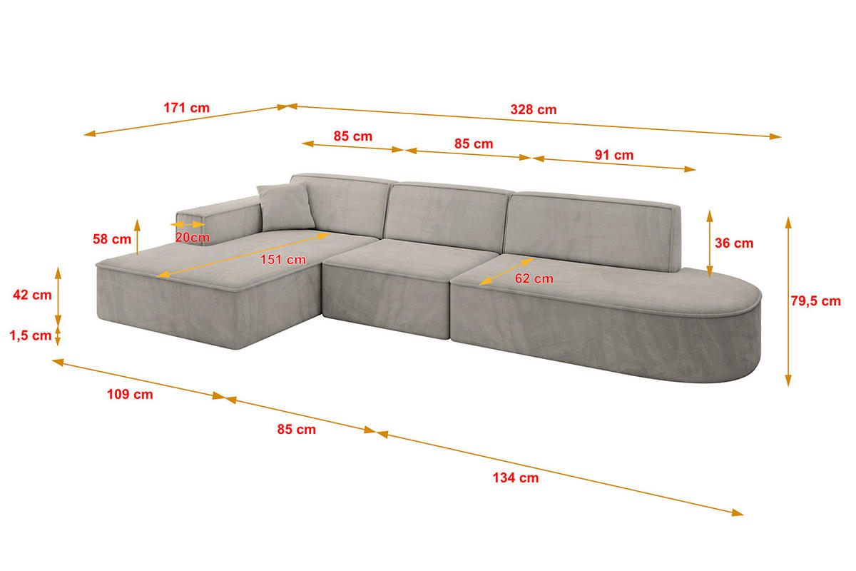 ECKSOFA Ottomane Links IREA-L2-v4 - 328x171x79 cm Hellbraun - Hellbraun, Holzwerkstoff/Textil (328/171cm) - ALTDECOR