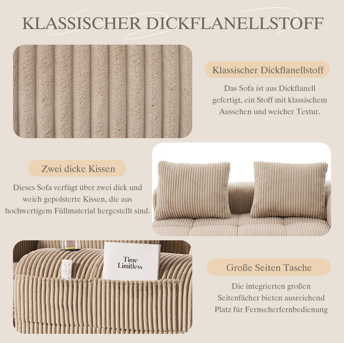 SOFA 2-Sitzer mit Seitenfächern 158 x 93 x 61 cm Cord Khaki - Braun, Kunststoff (158/61/93cm) - Meubliv
