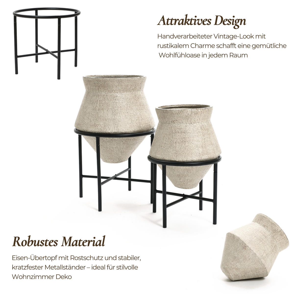 BLUMENTOPF Set 2er aus Eisen, Durchmesser 31& 25cm - Beige, Metall (40/62/40cm) - Hometopia