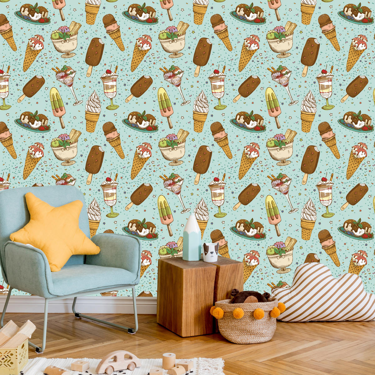 VLIESTAPETE Eiscreme und Süßigkeiten – Bunt, Türkis – 50x1000 cm - Türkis/Multicolor, Papier (50/1000cm) - Muralo