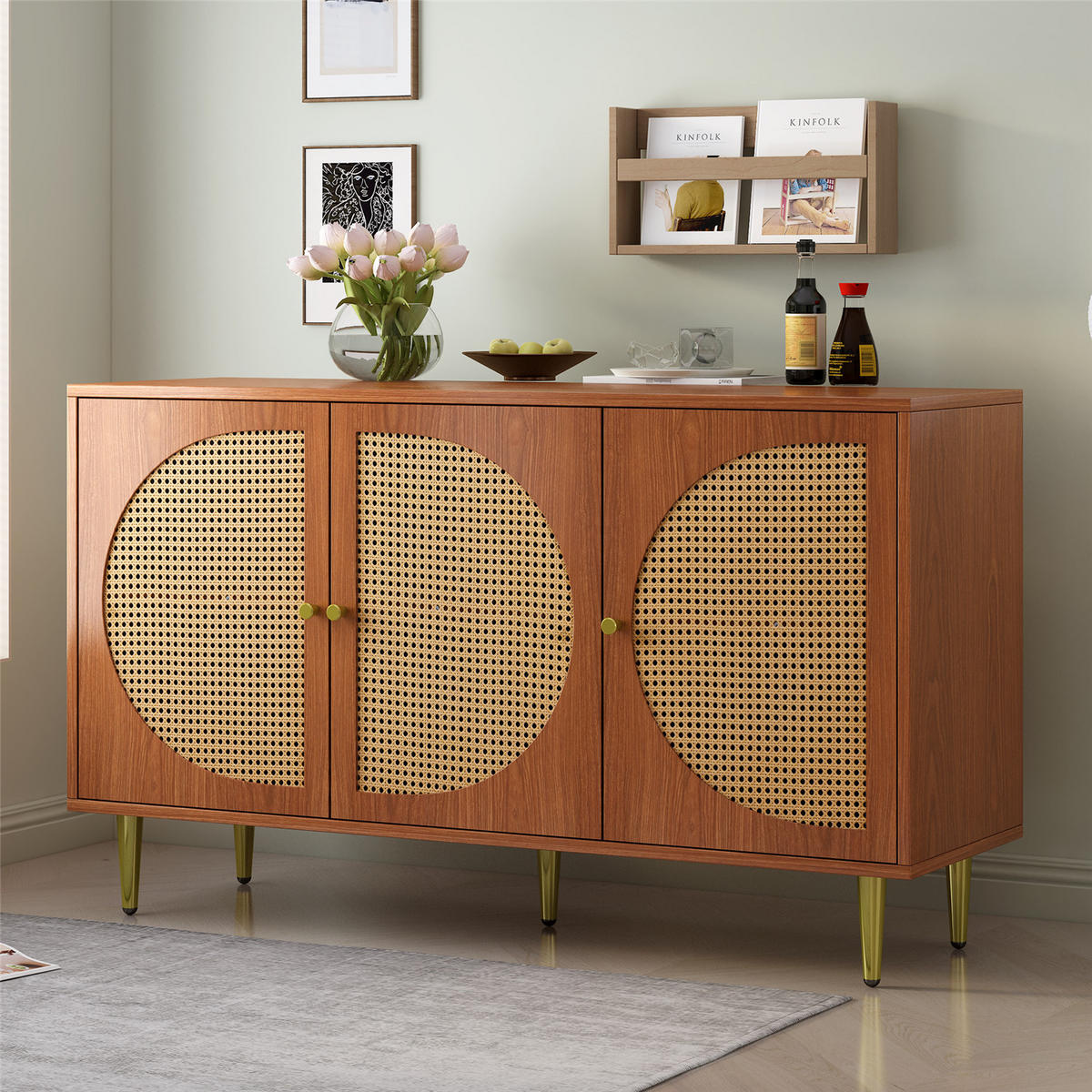 SIDEBOARD Nussbaum 129,8x76x40 cm mit Rattantüren - Braun, Holz (130/76/40cm) - Kaket