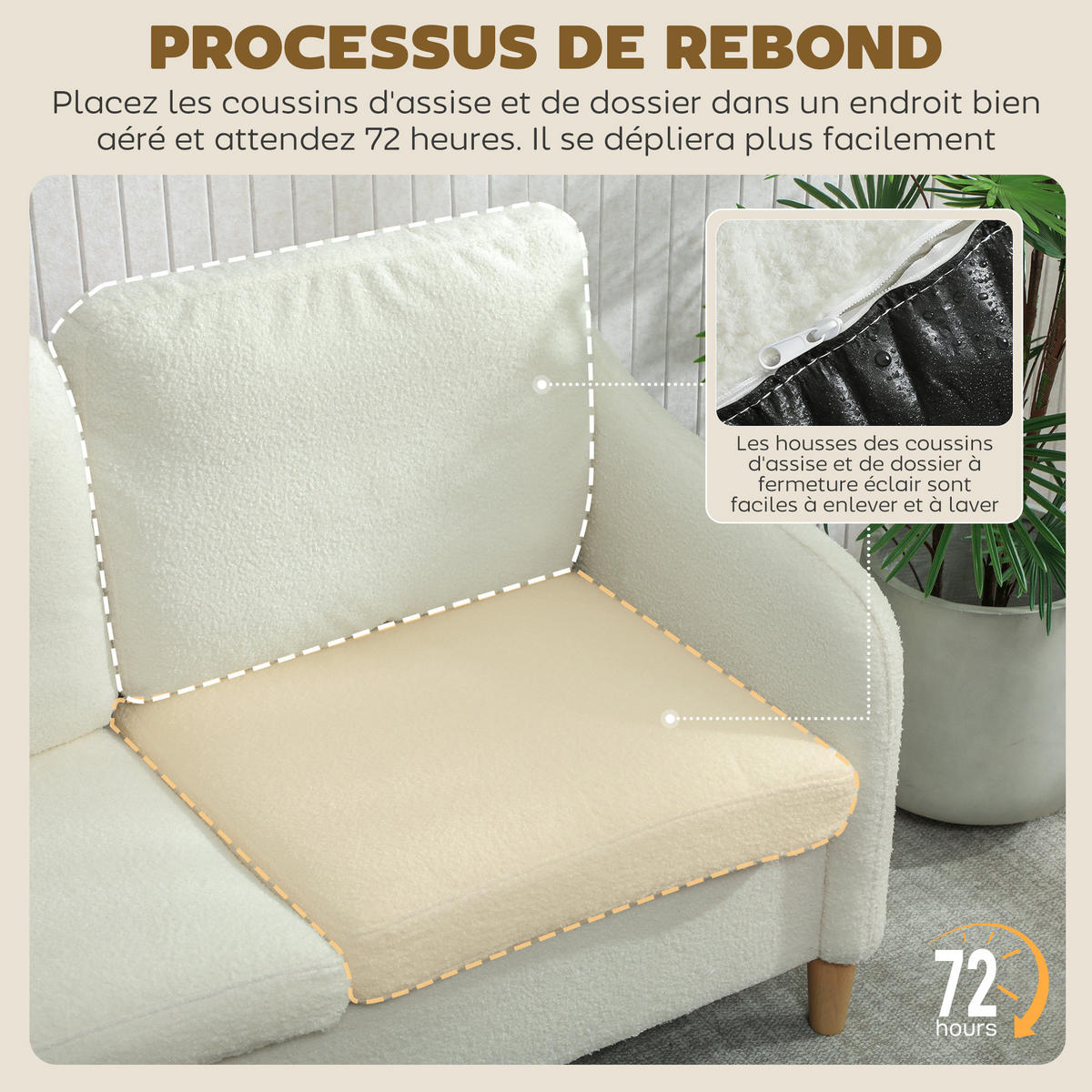 SOFA, 2-Sitzer, Bouclé-Stoff, Kissen, cremefarben, 137x69x82cm - Multicolor, Holzwerkstoff (137/82/69cm) - FORIOUS