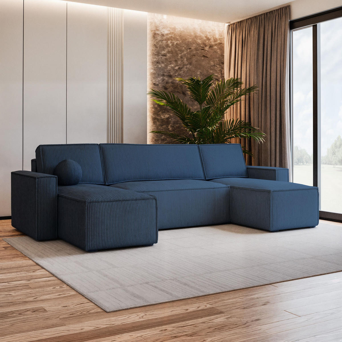 WOHNLANDSCHAFT PESANO P Blau Kordstoff mit Schlaffunktion - Blau, Holz (306/85/140cm) - MASSENO