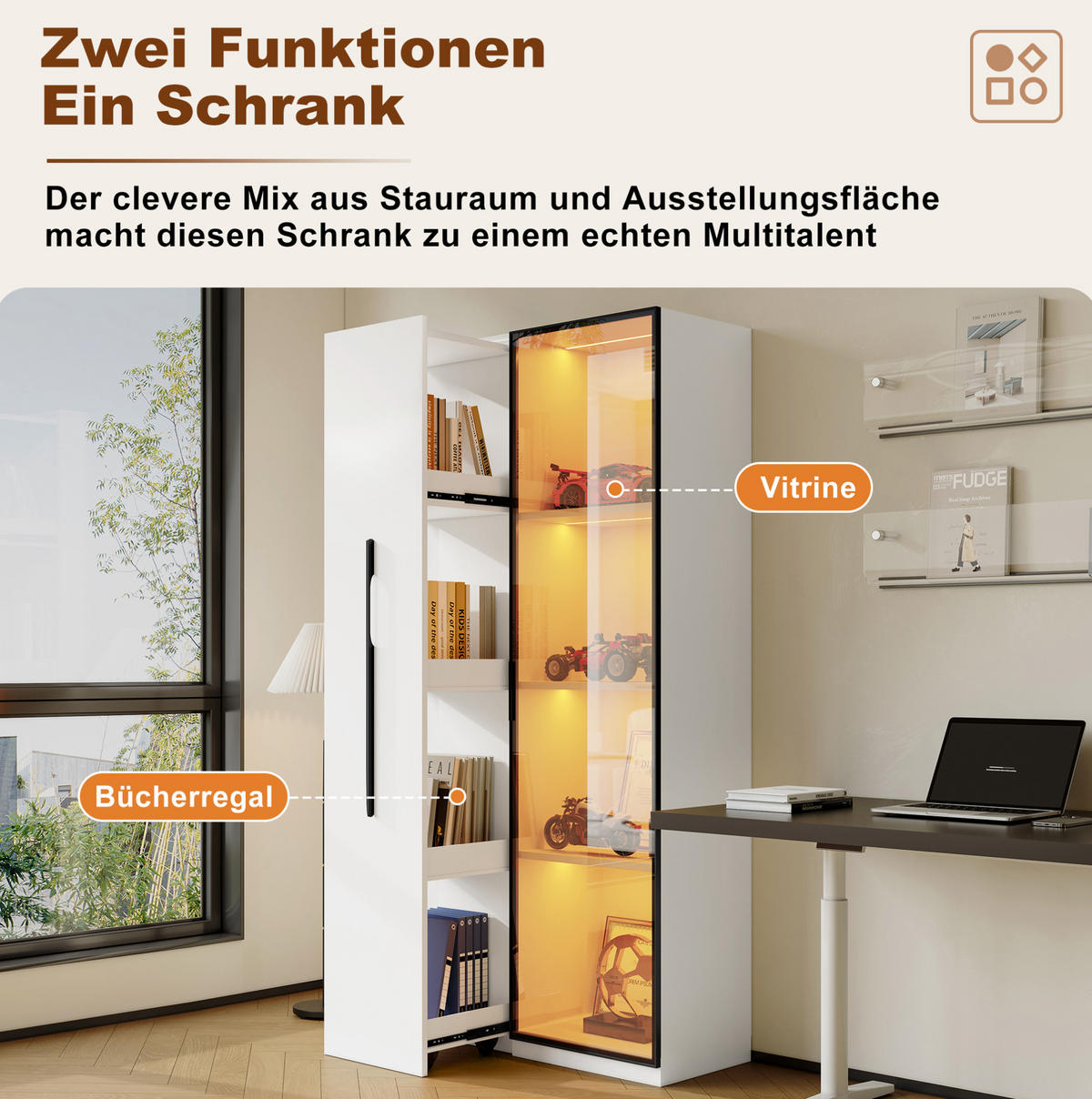 VITRINE 70/40/160 cm aus MDF mit ausziehbarem Bücherregal und LED-Beleuchtung Weiß - Weiß, Holzwerkstoff (70/160/40cm) - Modenvie