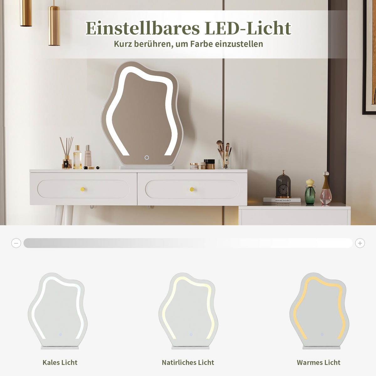 SCHMINKTISCH in Weiß Frisiertisch mit LED-Spiegel, 4 Schubladen & offenem Fach, für Schlafzimmer und Ankleidezimmer, B140/T40/H130cm - Weiß, Holzwerkstoff/Metall (140/130/40cm) - STILVORA