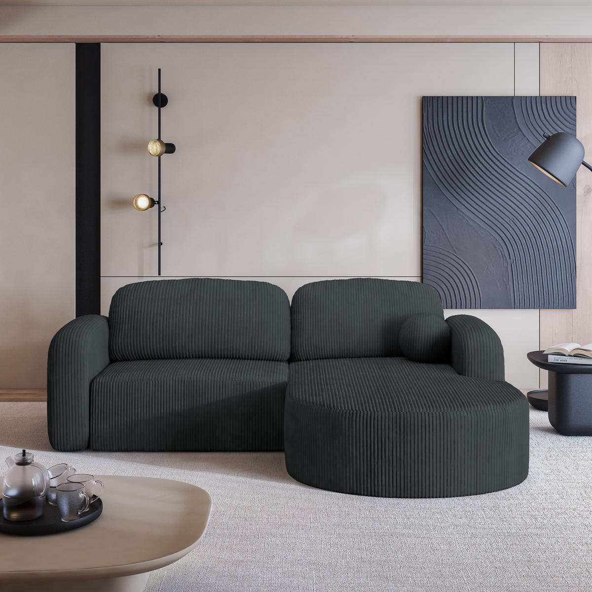 ECKSOFA AMILIA P R-S Graphitfarben Kordstoff mit Schlaffunktion - Graphitfarben, Holz (263/174cm) - MASSENO