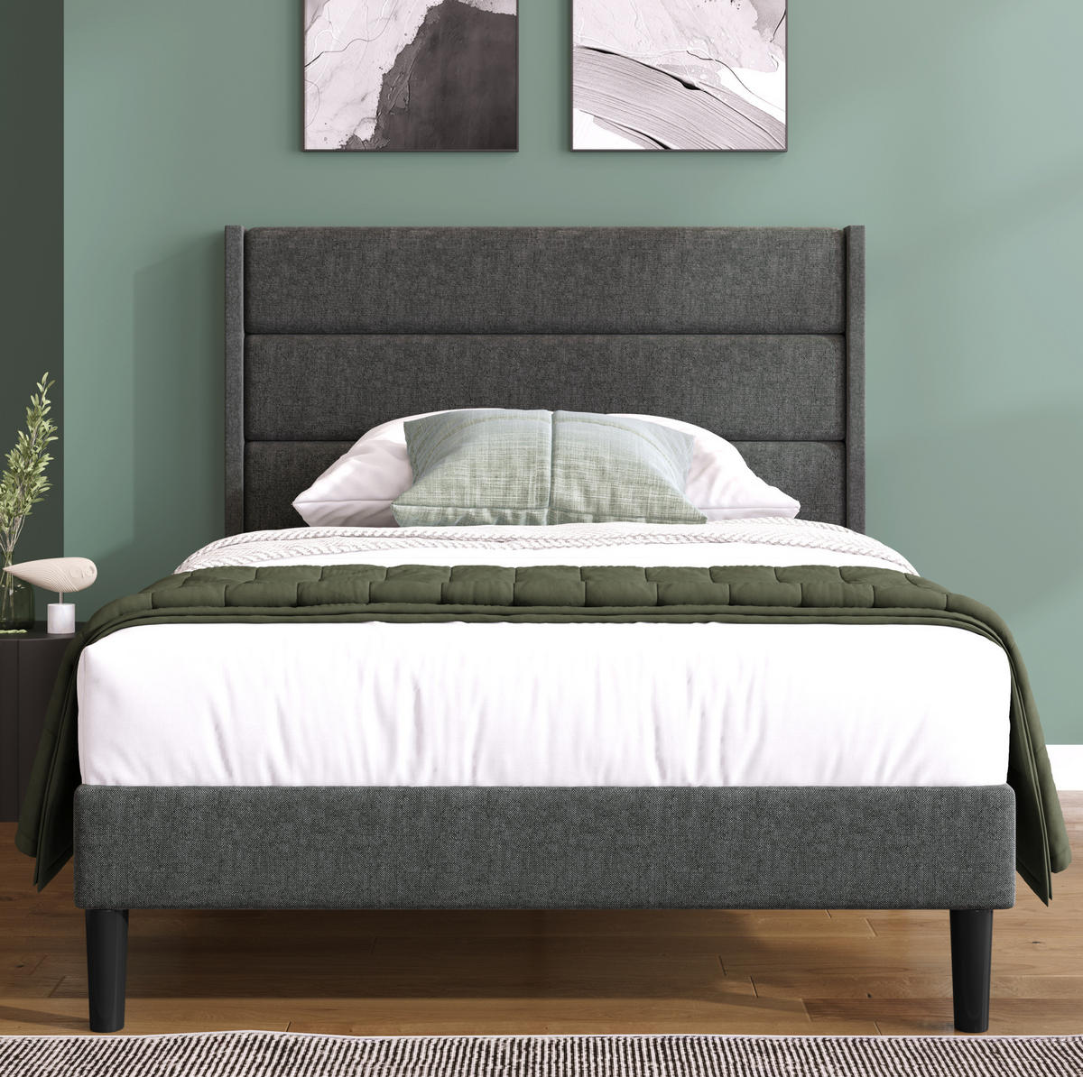 POLSTERBETT 90/200 cm grau mit Lattenrost und gepolstertem Kopfteil - Dunkelgrau, Textil (90/200cm) - OKWISH