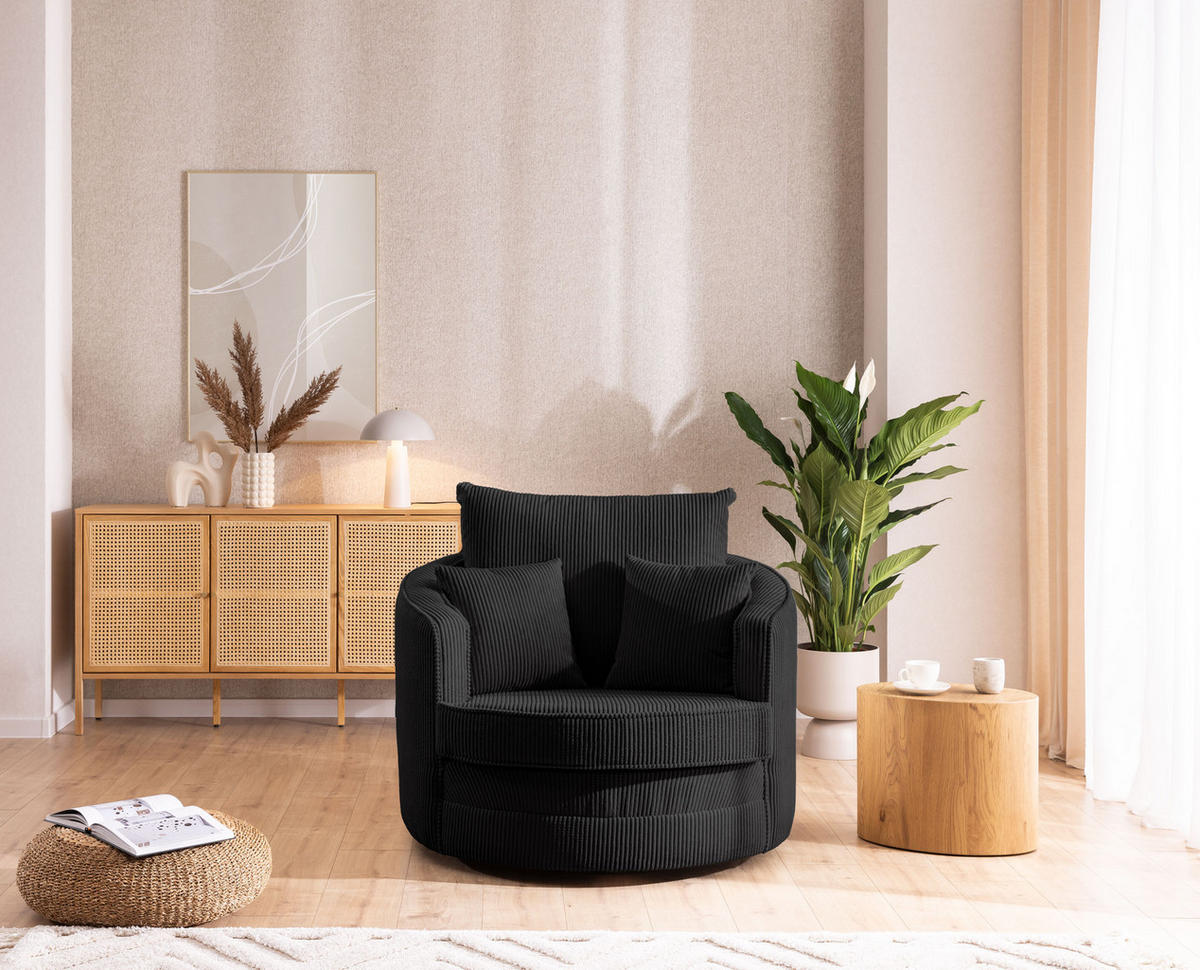 DREHSESSEL Ted aus Schwarz Cord-Stoff - Schwarz, Holz/Textil (107/94/100cm) - S-Style Möbel