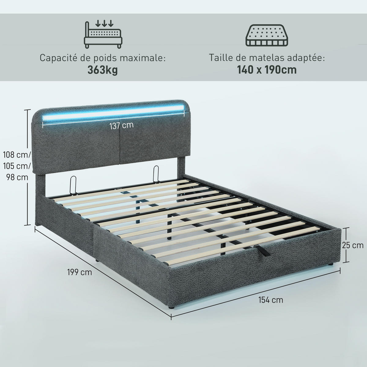 BETT 140x190 cm DE-14653 mit LED-Beleuchtung & verstellbarem Kopfteil Grau - Grau, Textil (140/190cm) - ComfortXL