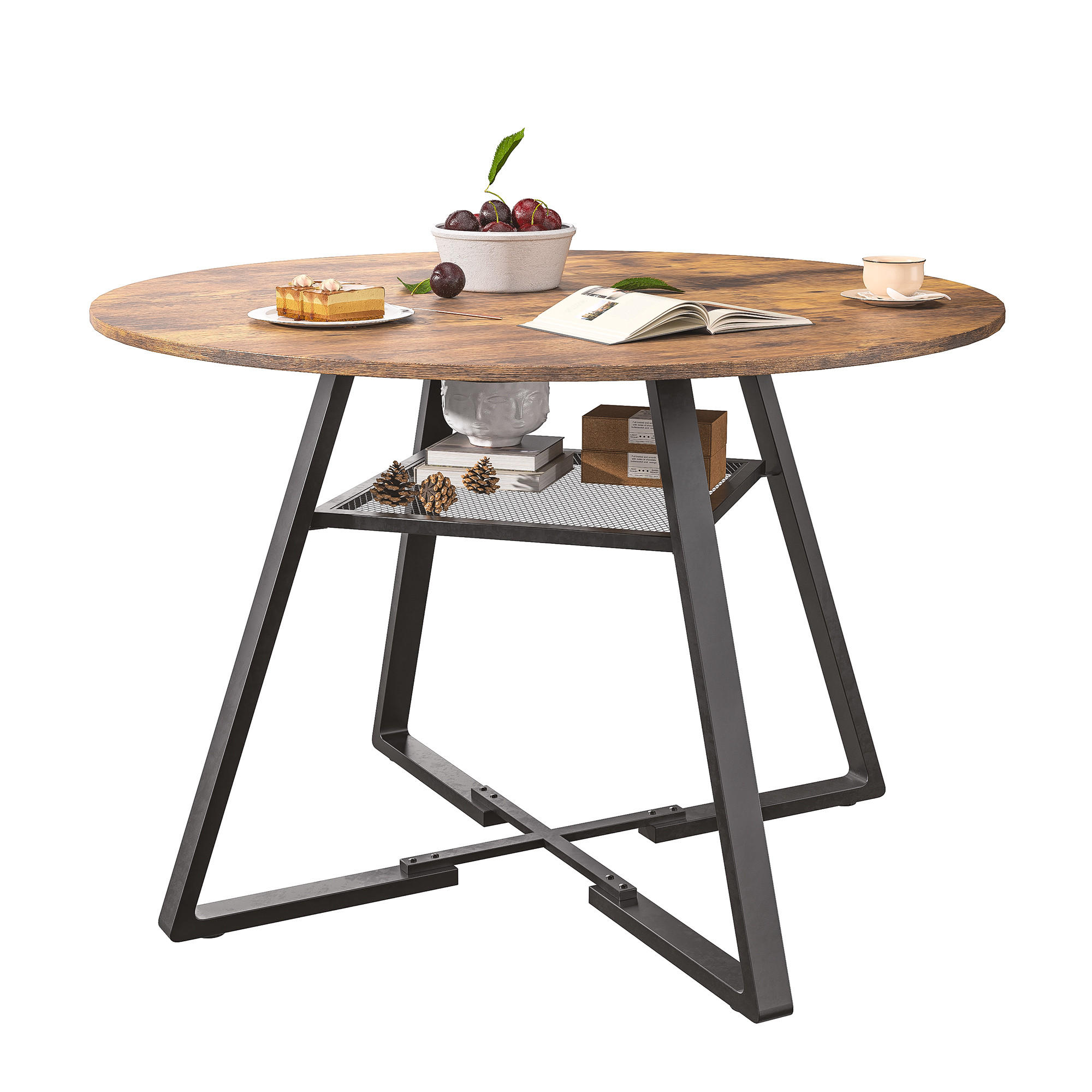 ESSTISCH rund, Metallgestell, Holzoptikplatte, Ablage, für 4–6 Personen - Schwarz, Holz (43.4/120/75cm) - EuroLiving