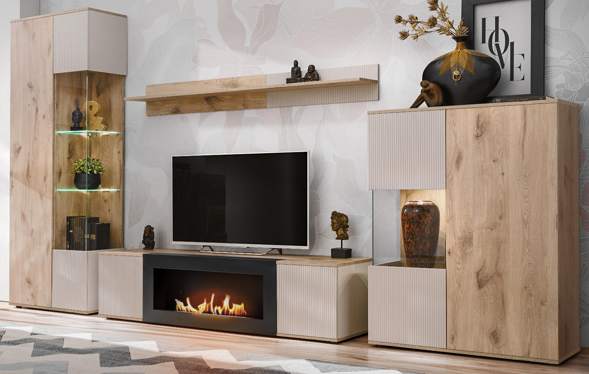 WOHNWAND Eiche, Kaschmir 4-teilig 350 cm, Schrankwand mit Kamin, inkl. Beleuchtung - Kaschmir/Eichefarben, Glas/Holzwerkstoff (350/197/45cm) - Inn.Furn