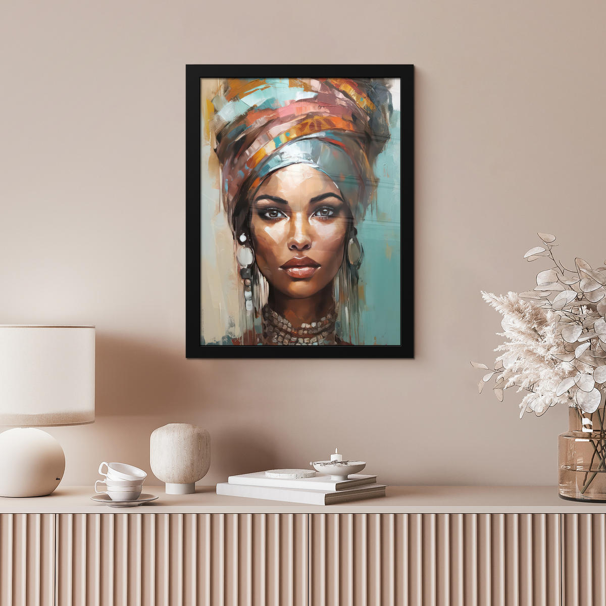 GERAHMTES BILD Frau - Kunst - Schmuck - Porträt 30x40 cm - Blaugrau, Papier (30/40cm) - MuchoWow