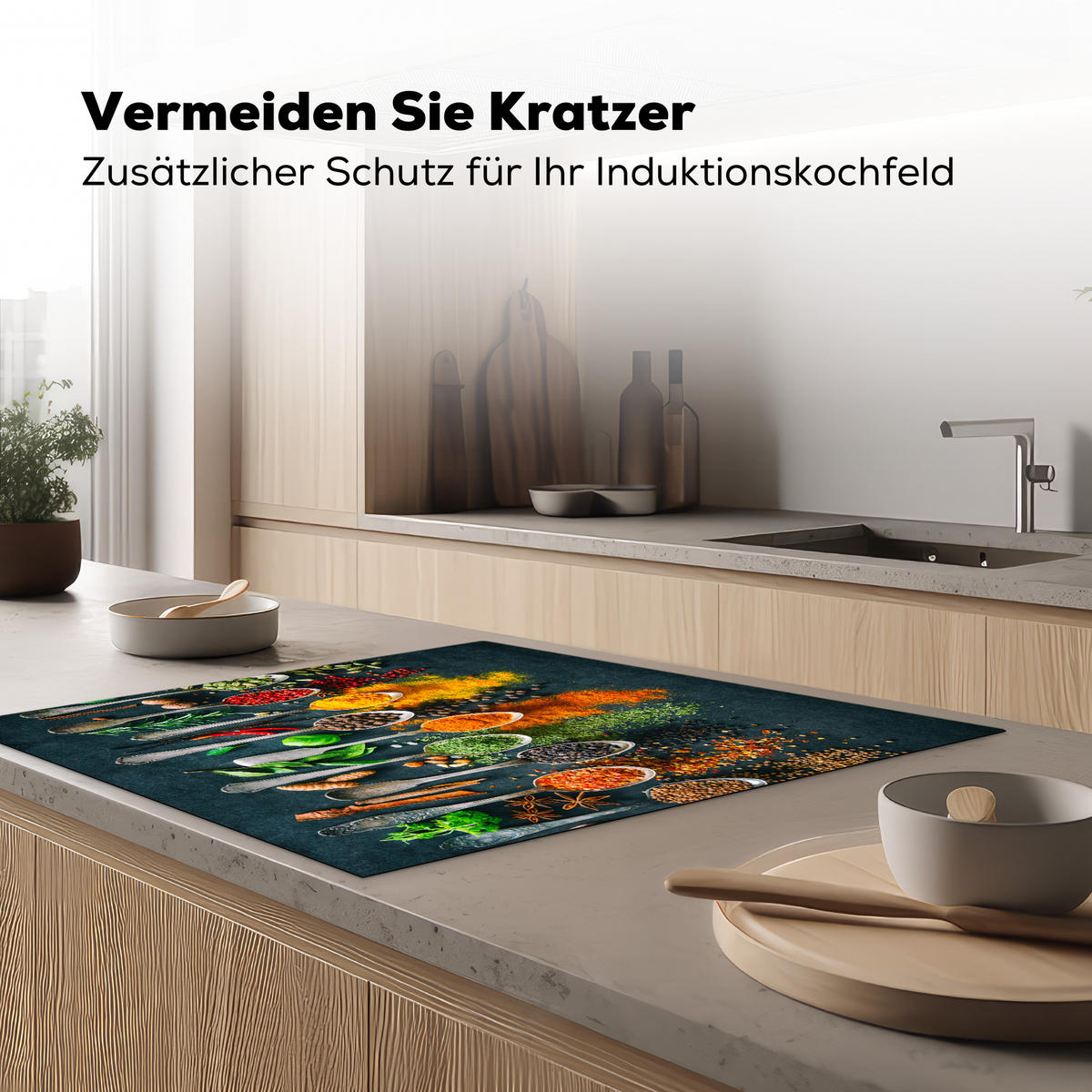 HERDABDECKPLATTE Kräuter - Gewürze - Löffel Induktionsmatte 78x78 cm - Multicolor, Kunststoff (78/78/0.2cm) - MuchoWow
